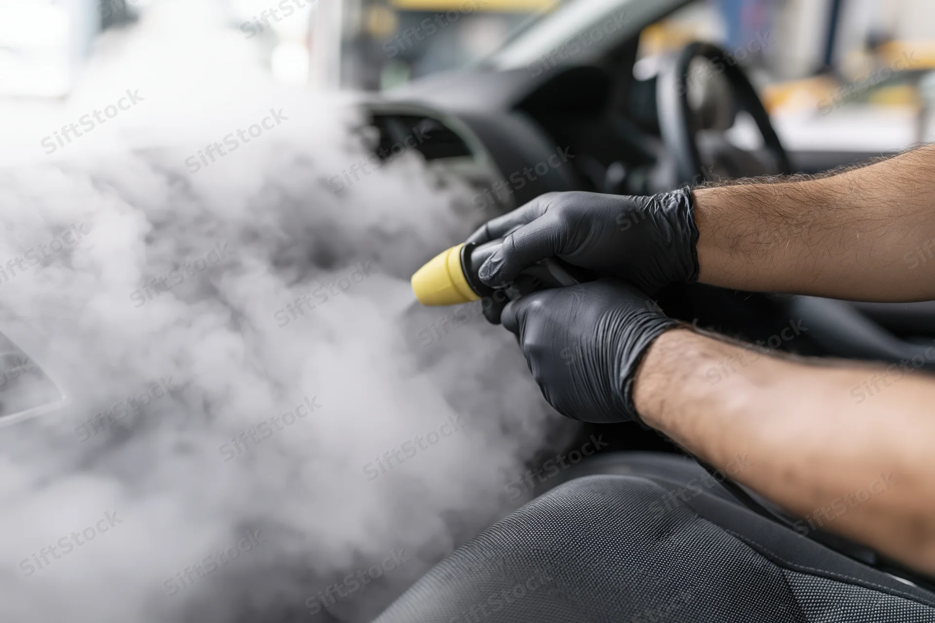 Worker’s gloved hands using steam cleaner on car interior