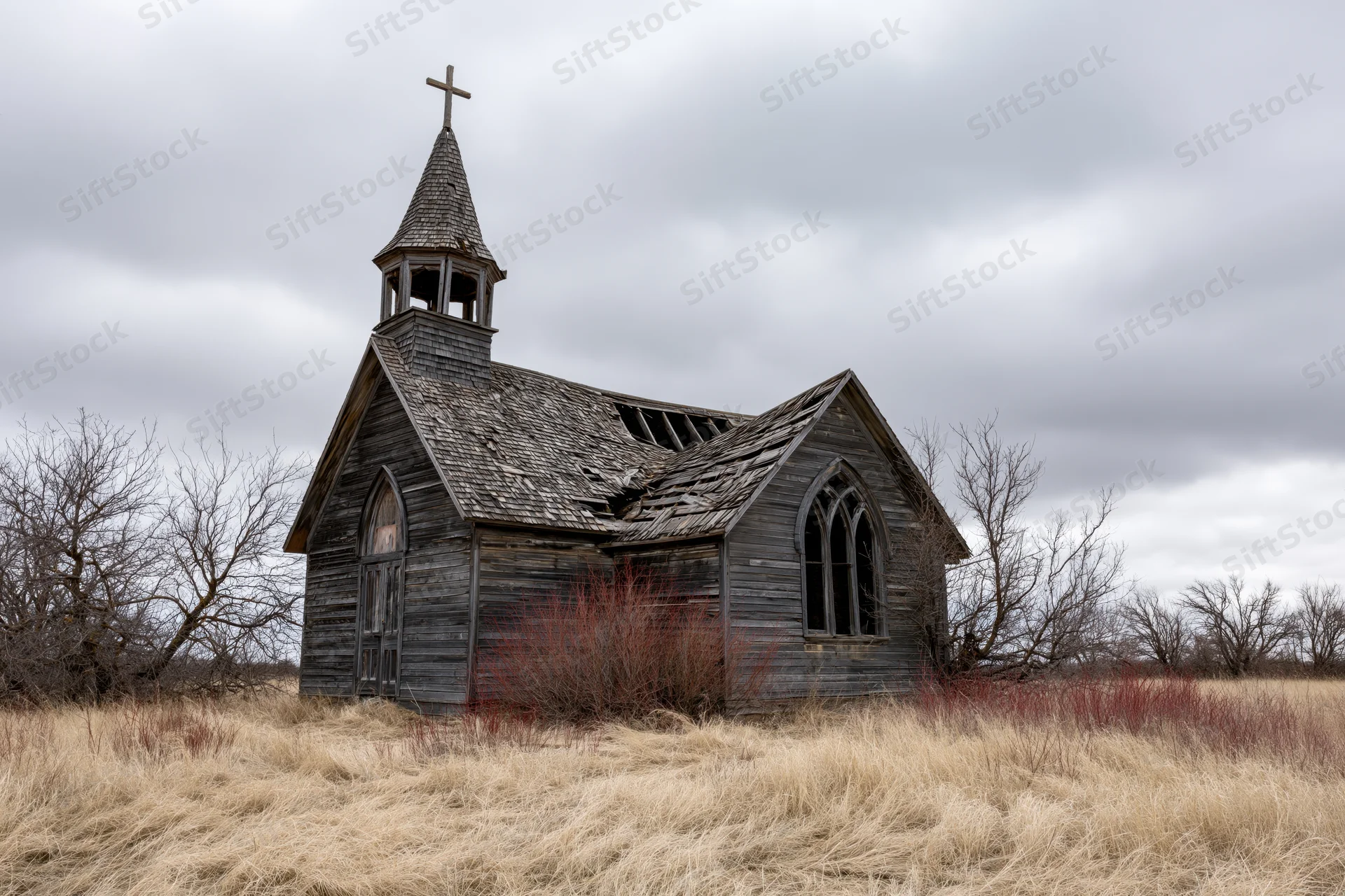 Weathered wooden church with collapsed roof and steeple in a grassy field under overcast sky