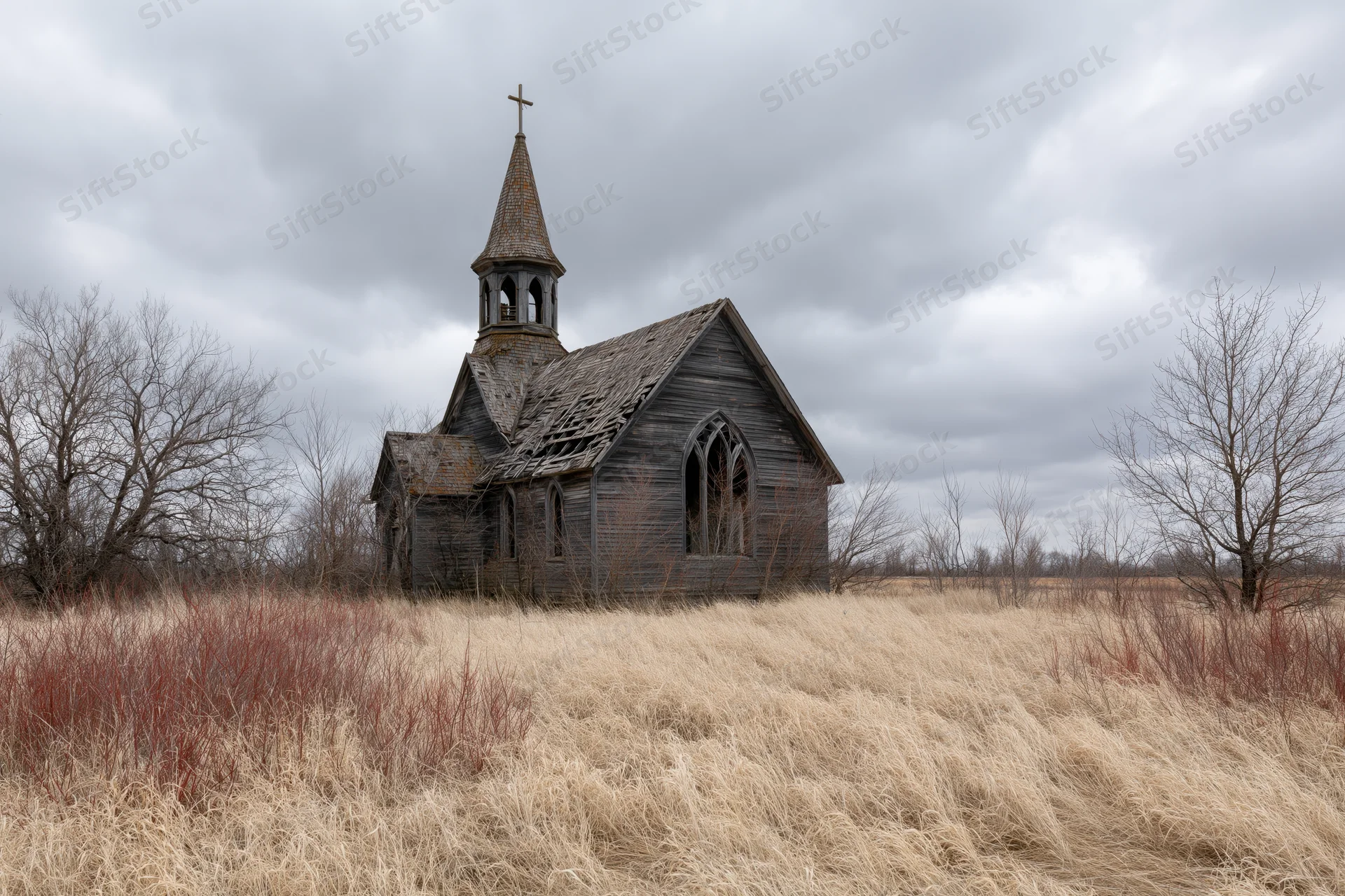 Abandoned wooden gothic church with collapsed roof in a dry grassy field under overcast sky