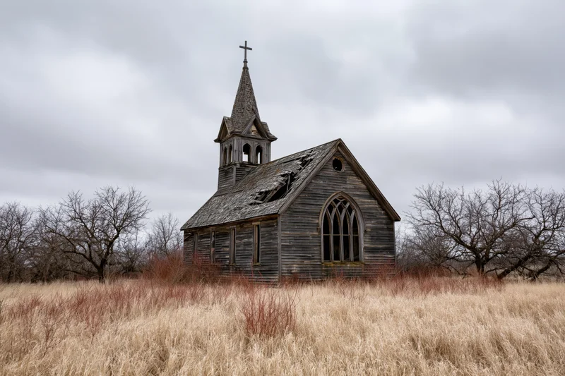 Abandoned wooden gothic church with collapsed roof in a grassy rural field under cloudy sky