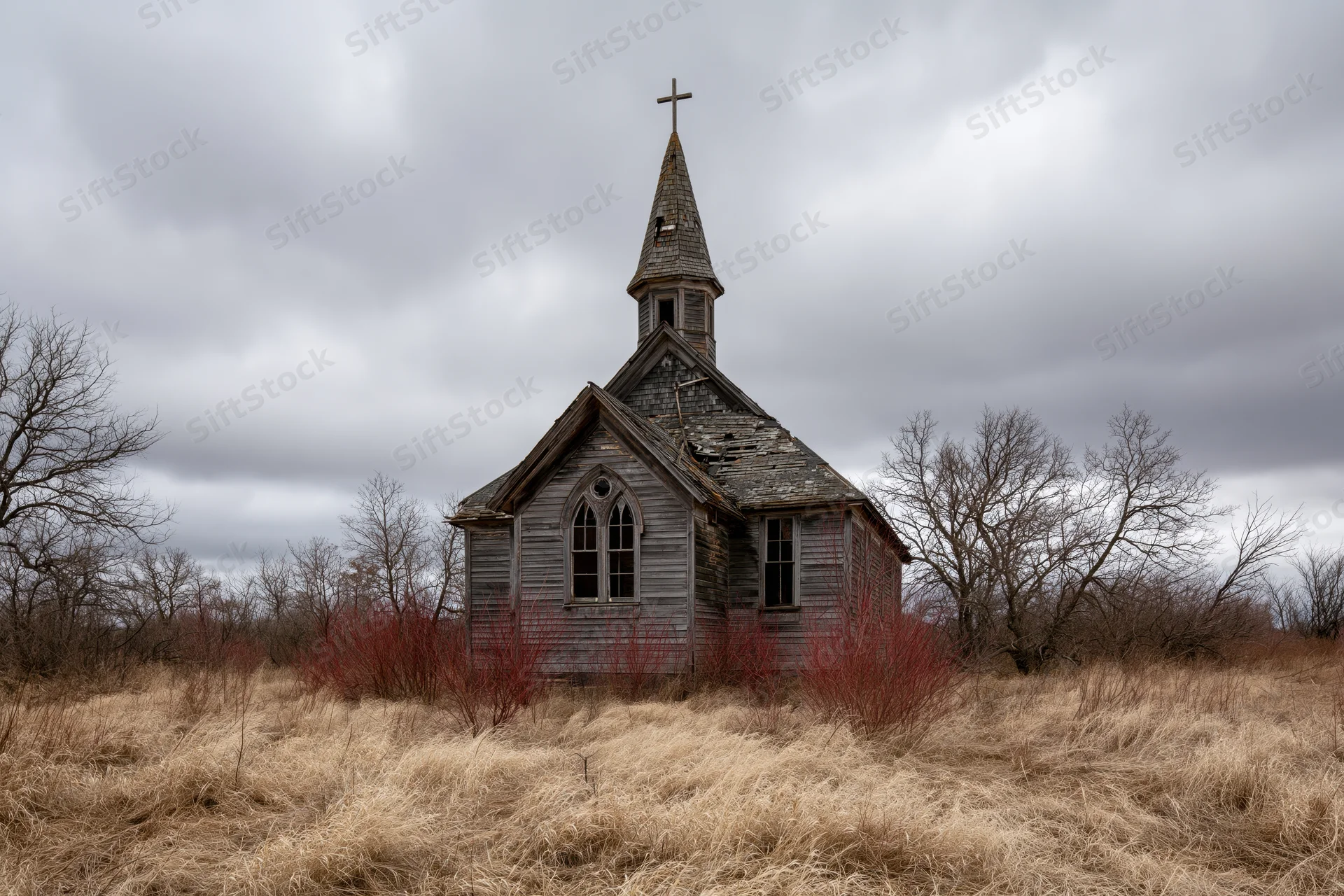 Abandoned wooden gothic church with collapsed roof in a dry grassy field under overcast sky