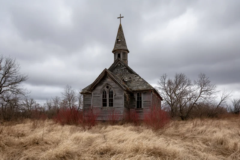 Abandoned wooden gothic church with collapsed roof in a dry grassy field under overcast sky