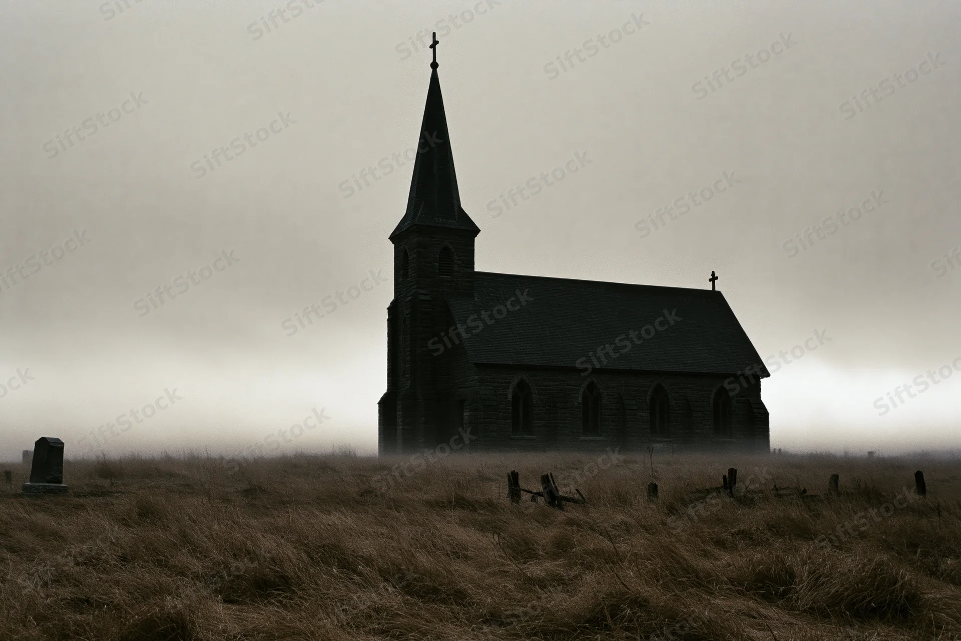 Abandoned gothic stone church with tall steeple and cross in foggy rural field