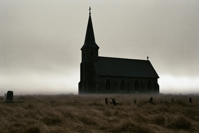 Abandoned gothic stone church with tall steeple and cross in foggy rural field