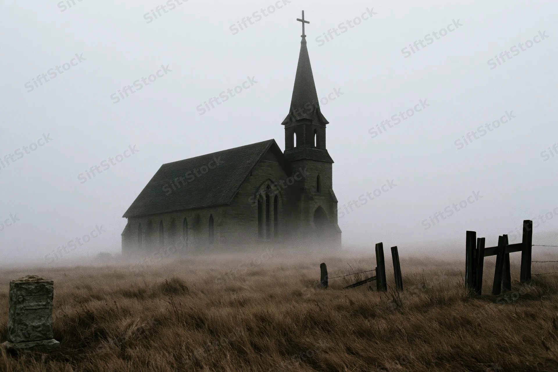 Abandoned gothic stone church with tall steeple and cross in foggy rural field