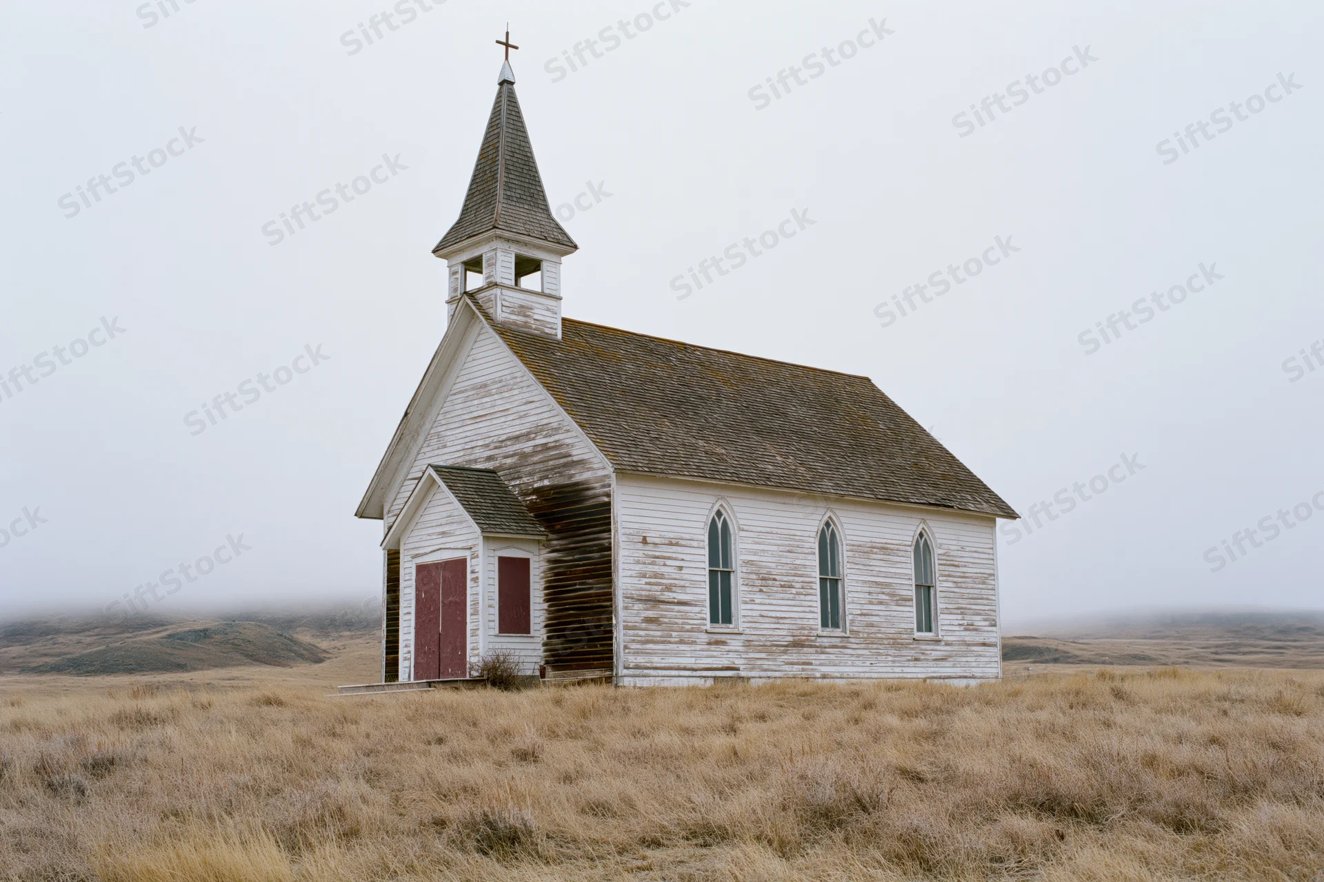 Abandoned white clapboard church with pointed steeple standing in a grassy field under overcast sky