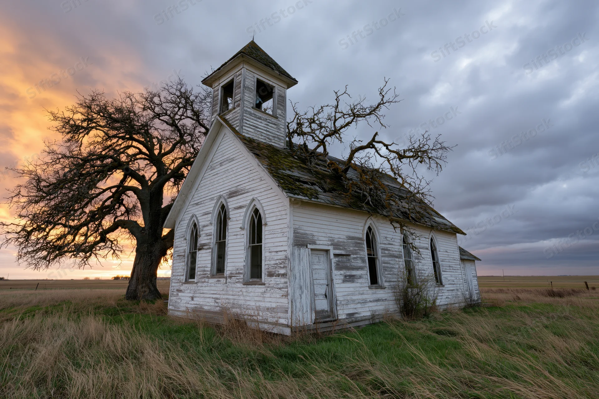 Abandoned white clapboard church with gothic arched windows and bell tower in a rural field at sunset