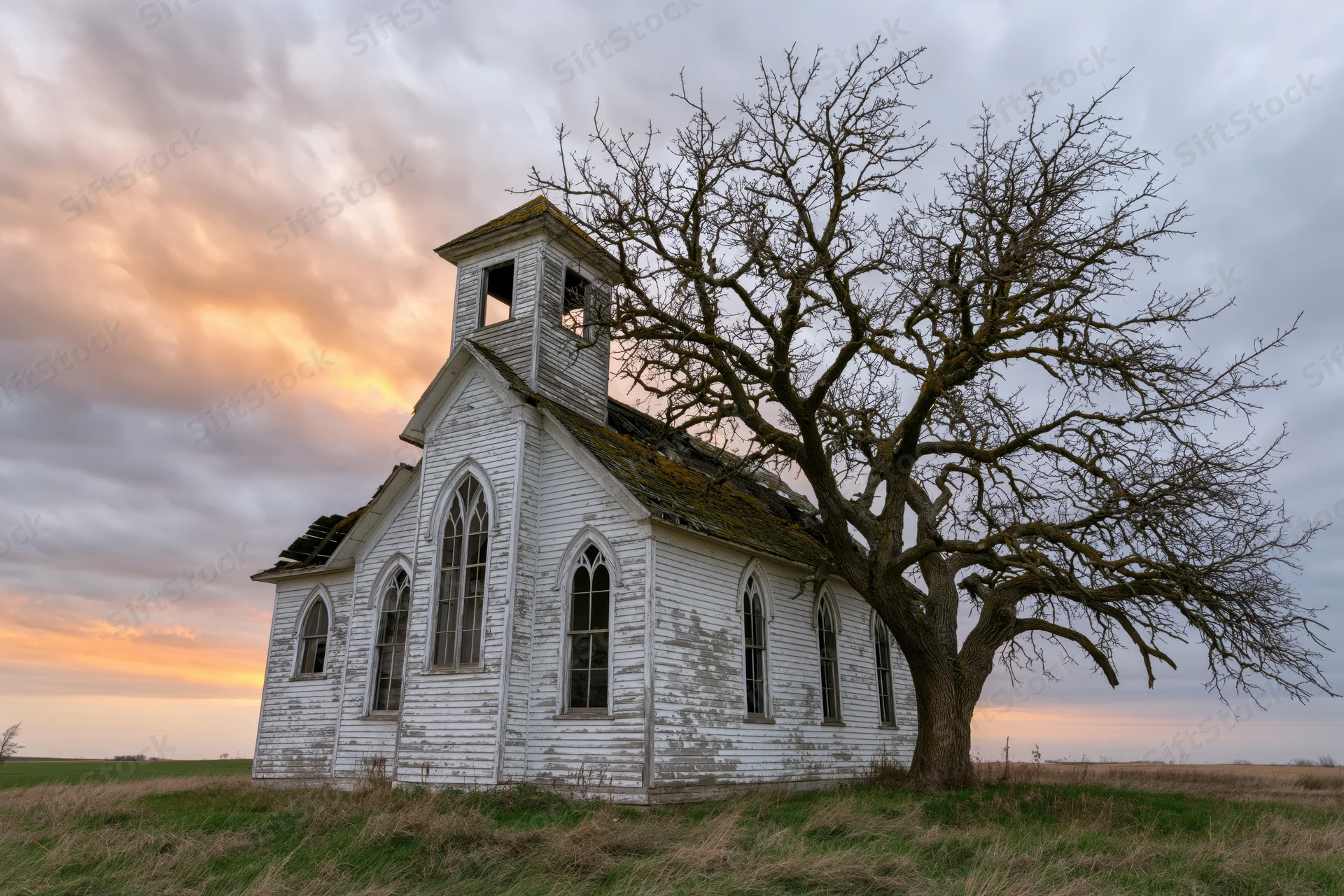 Abandoned white clapboard church with gothic arched windows and bare tree in rural field at sunset