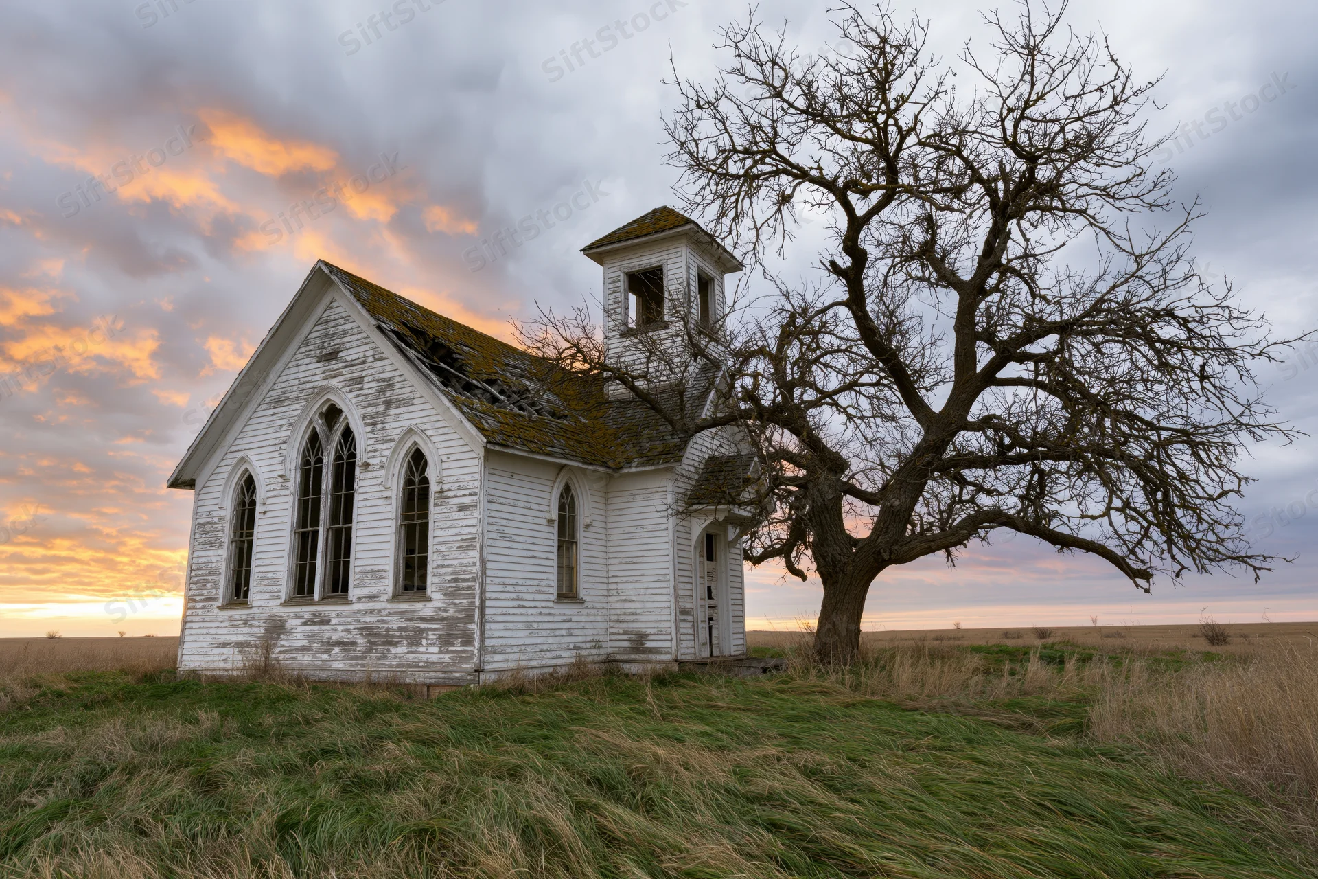 Abandoned white clapboard church with gothic arched windows and bell tower in a grassy field at sunset