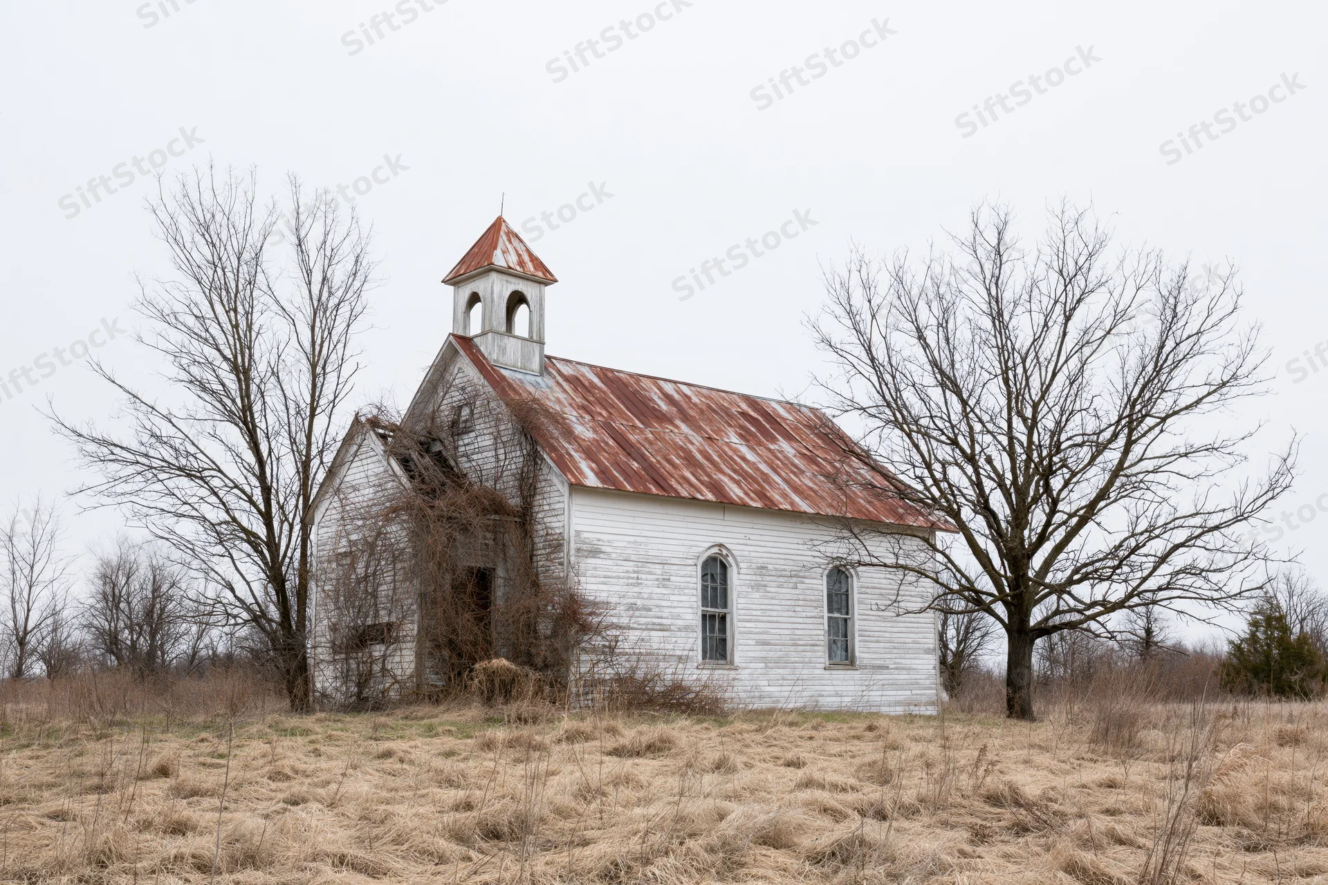 Abandoned white clapboard church with rusted corrugated roof in a rural field surrounded by bare trees
