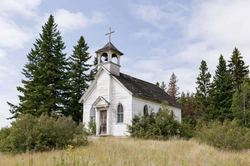 Abandoned white clapboard church with small bell tower surrounded by overgrown field and pine trees