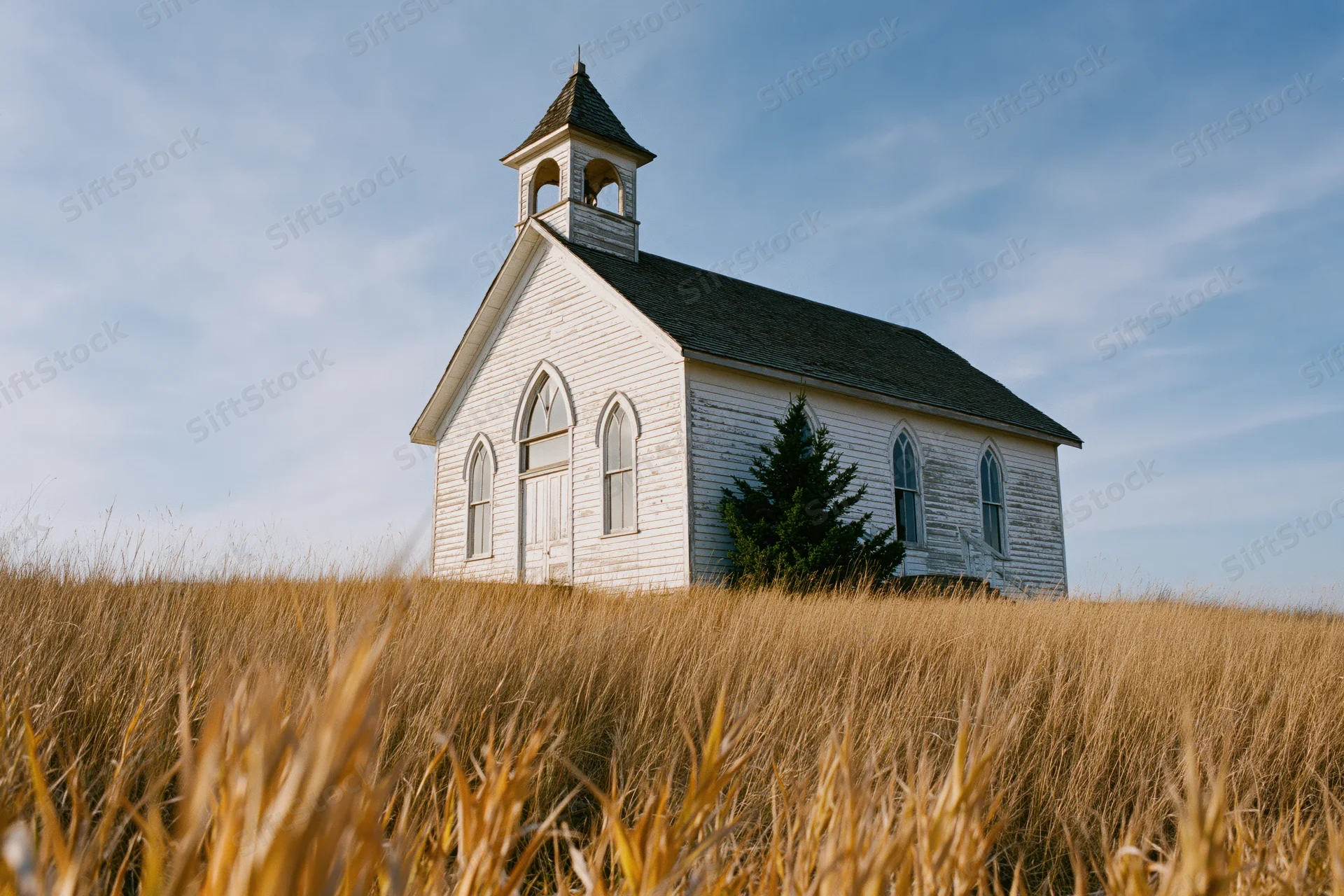 White clapboard church with small bell tower standing in a golden wheat field under a blue sky