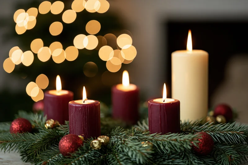 Advent wreath with four lit burgundy candles and one tall white candle arranged on evergreen garland with ornaments and blurred holiday lights in background