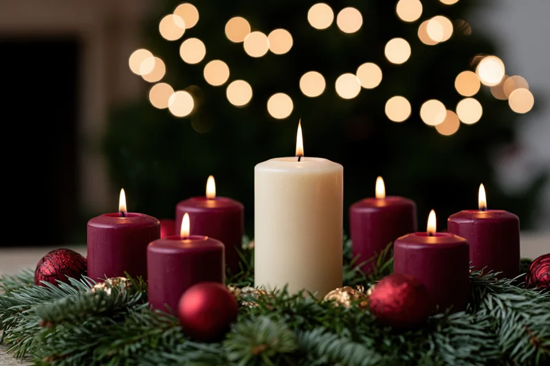 Advent wreath with lit burgundy and white candles arranged on evergreen garland with ornaments and blurred holiday lights in background