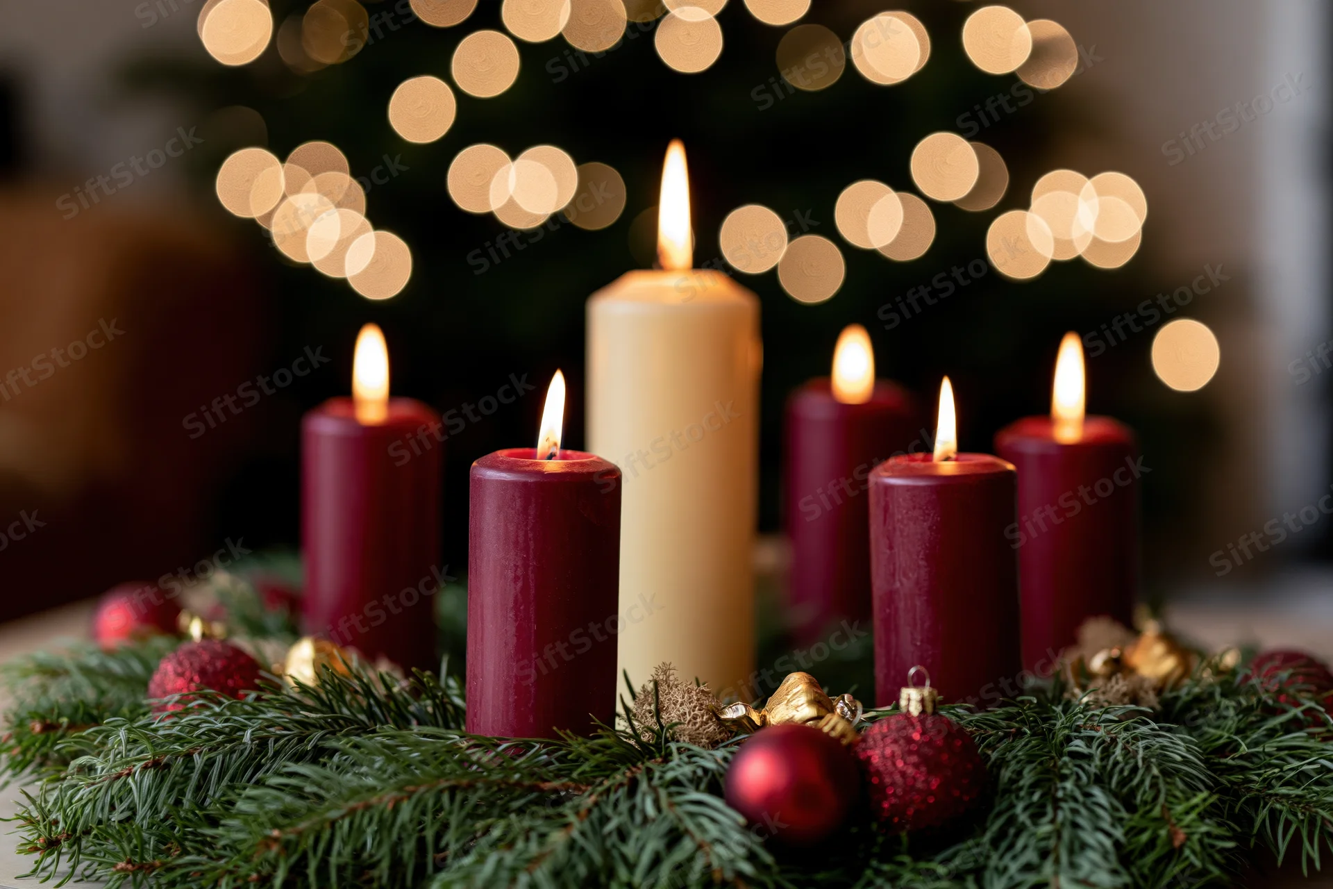 Advent wreath with lit burgundy and ivory candles arranged on evergreen garland with ornaments, set indoors near blurred holiday lights