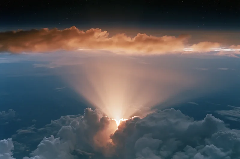 Aerial view through layered clouds toward sunlit horizon at twilight
