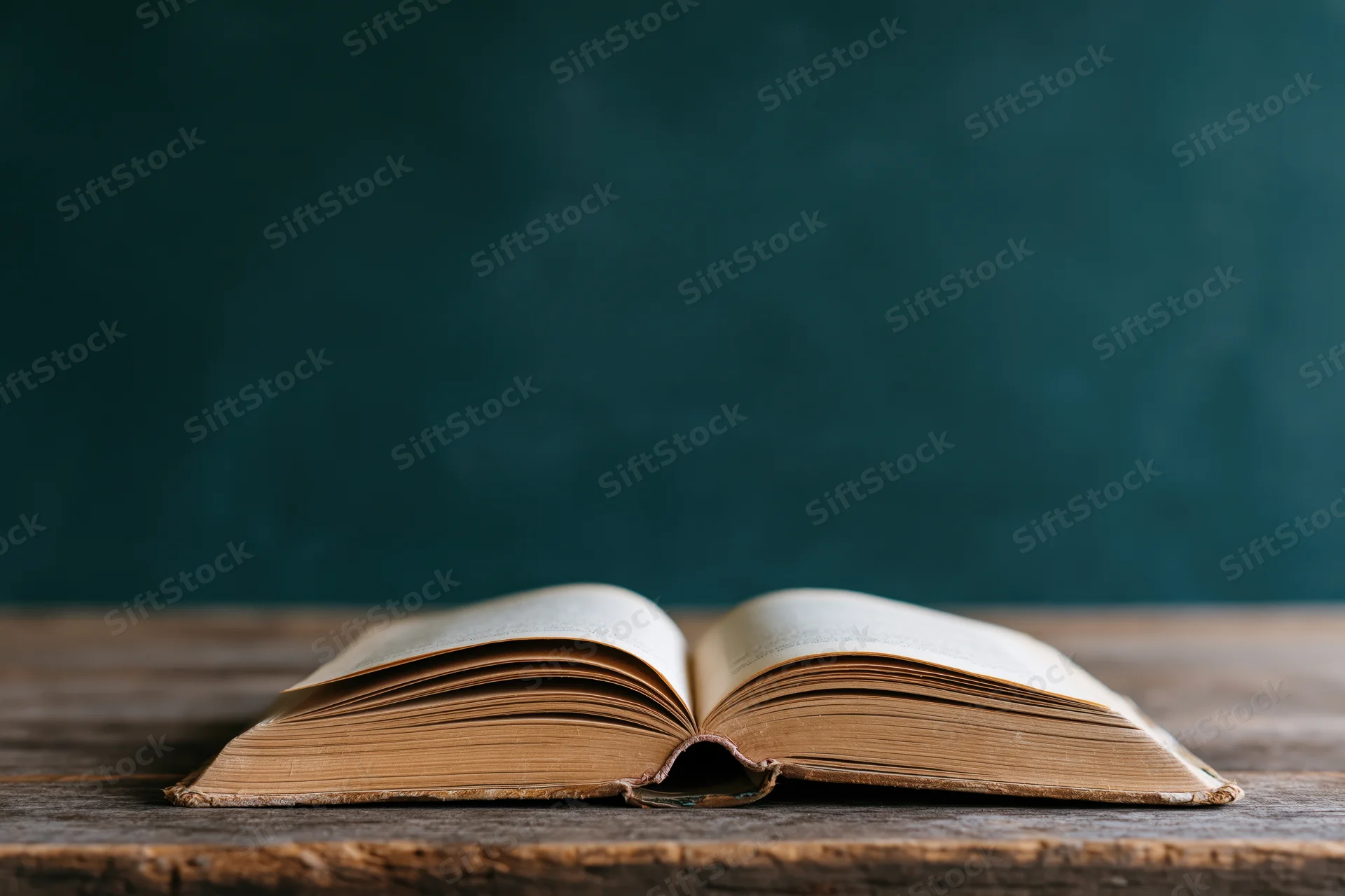 Open vintage hardcover book resting on a worn wooden desk