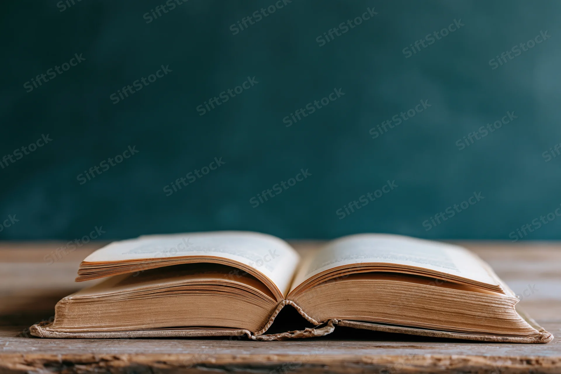 Open old hardcover book resting on worn wooden desk with teal background