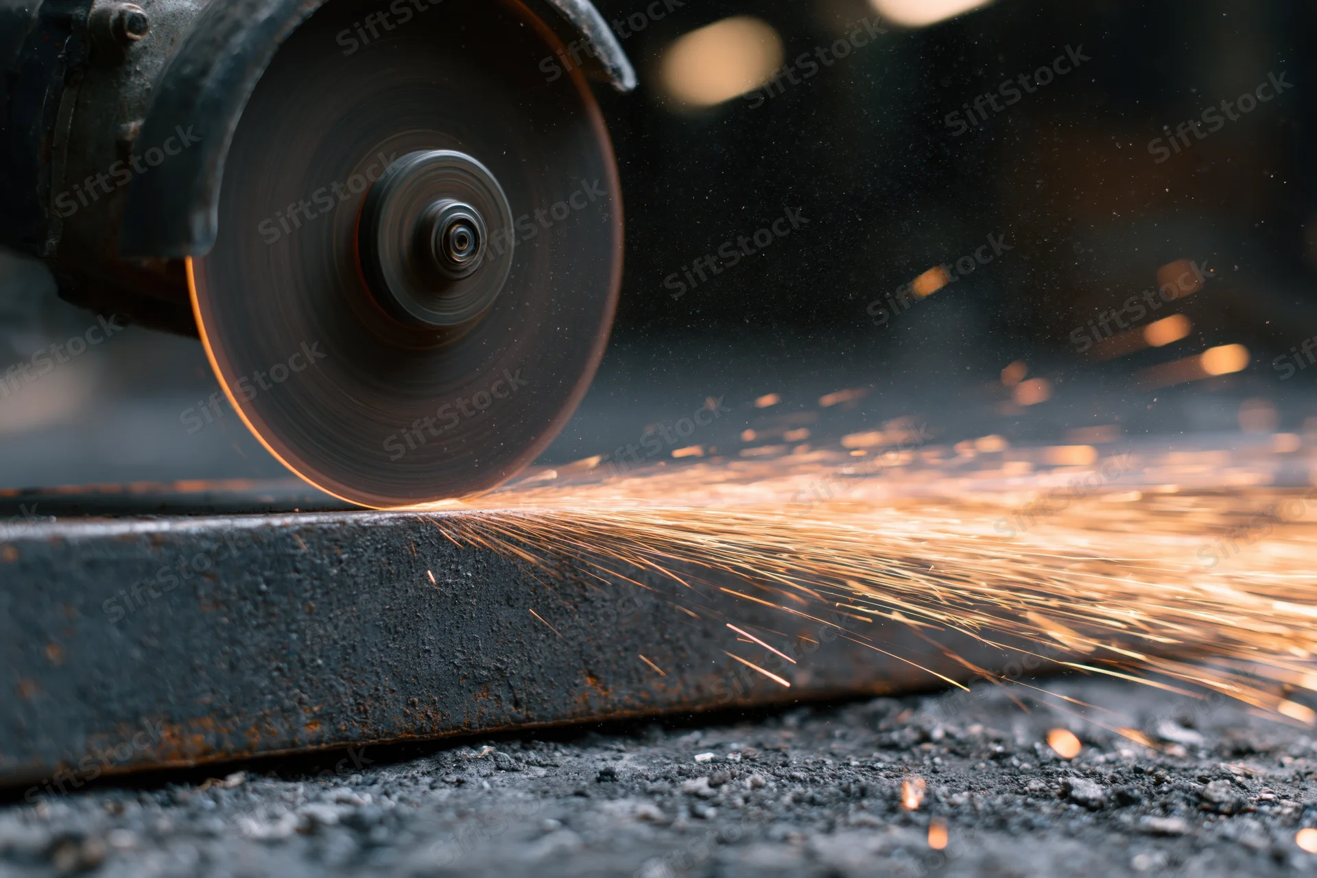 Angle grinder cutting steel beam at ground level, sparks flying in workshop