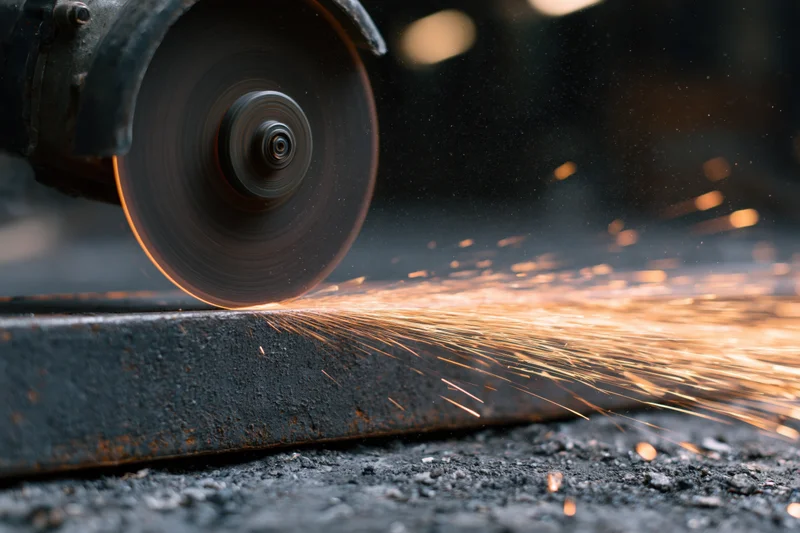 Angle grinder cutting steel beam at ground level, sparks flying in workshop