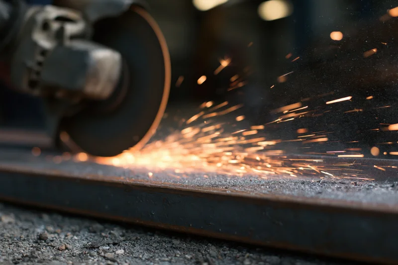 Angle grinder cutting steel beam at ground level with sparks flying