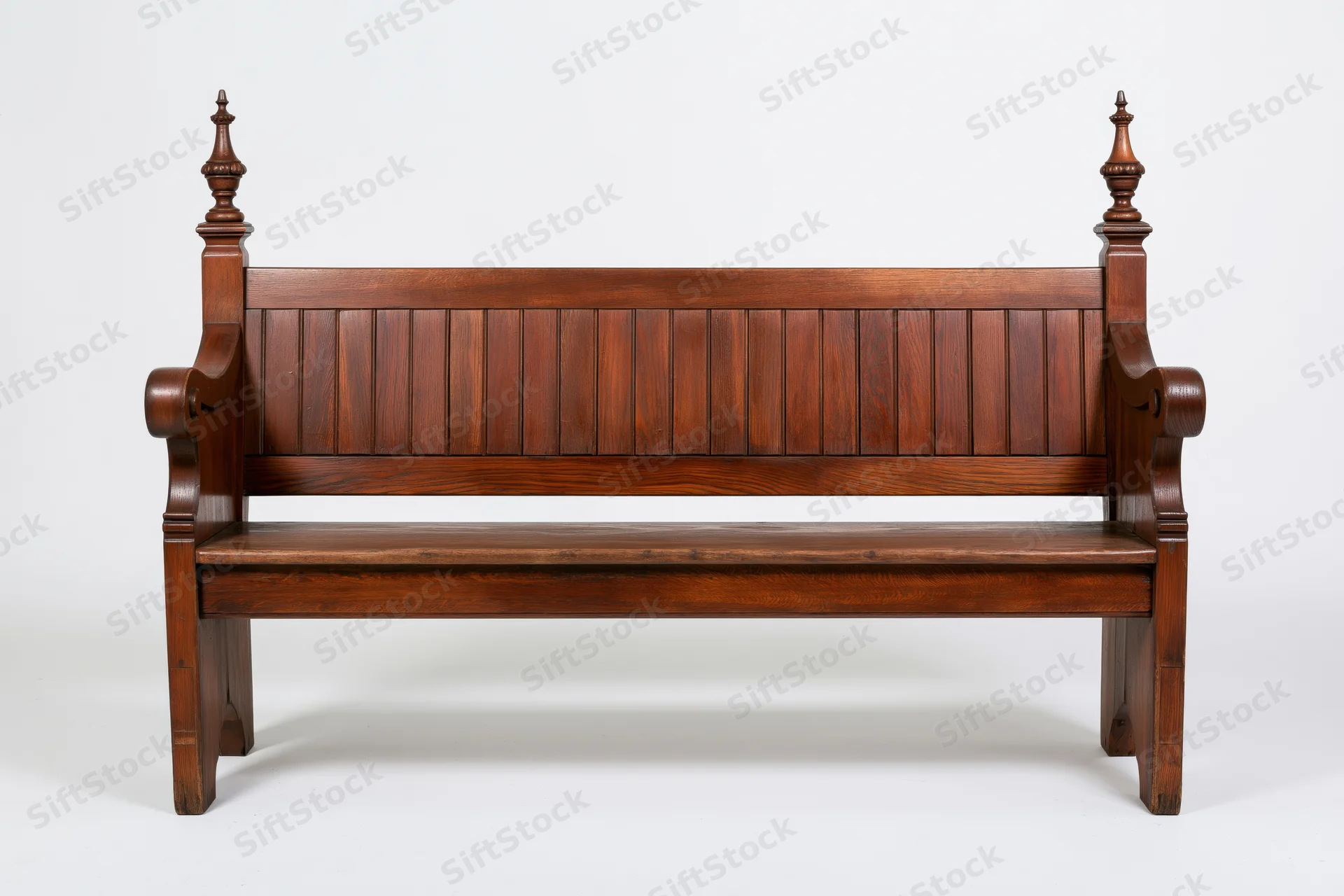 Antique wooden church pew with vertical plank backrest and carved posts isolated on white