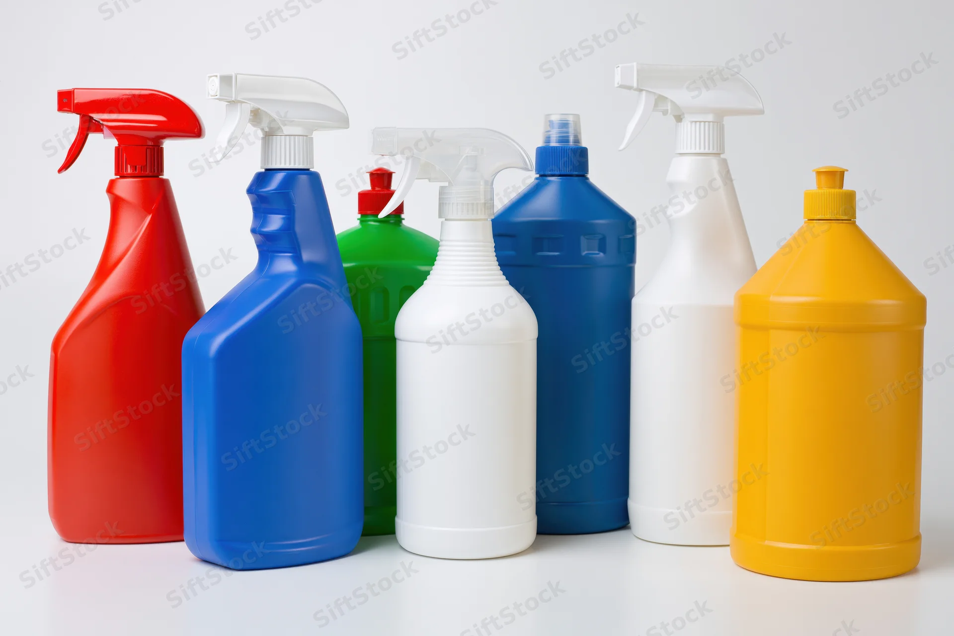 Assorted cleaning product bottles with spray nozzles arranged in a row on a white surface