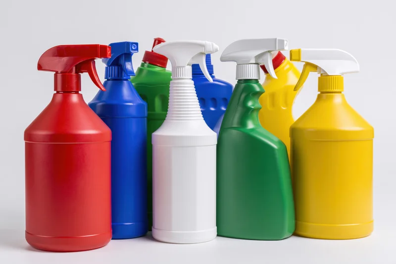 Colorful plastic spray bottles arranged in a row on a white background