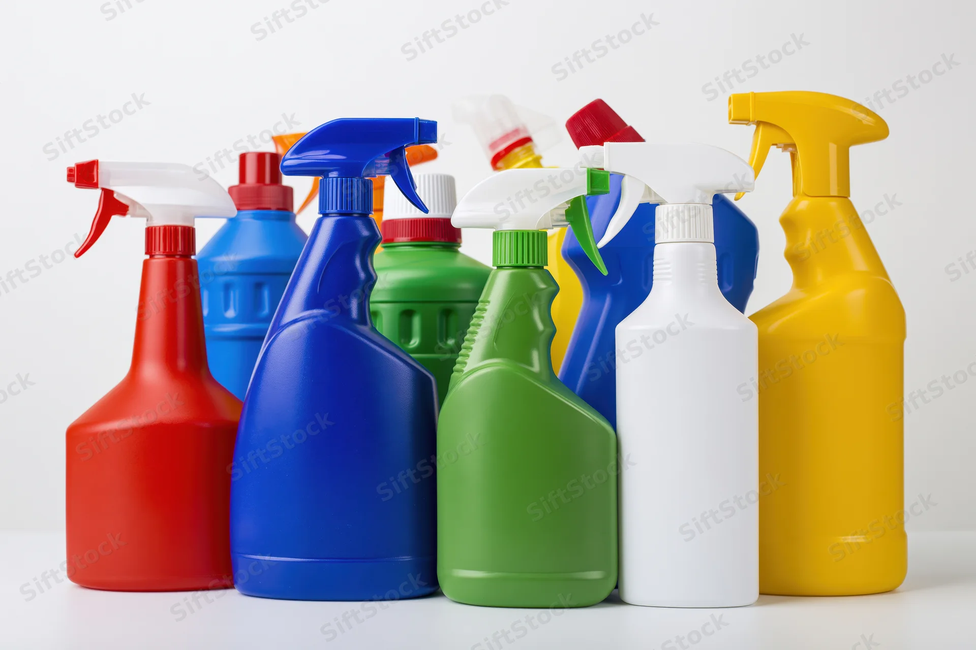 Colorful cleaning product bottles arranged in a row on a white surface