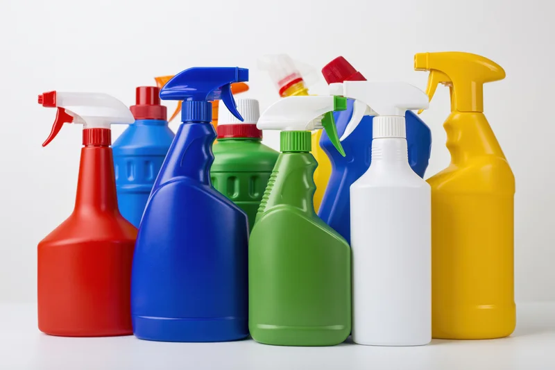 Colorful cleaning product bottles arranged in a row on a white surface