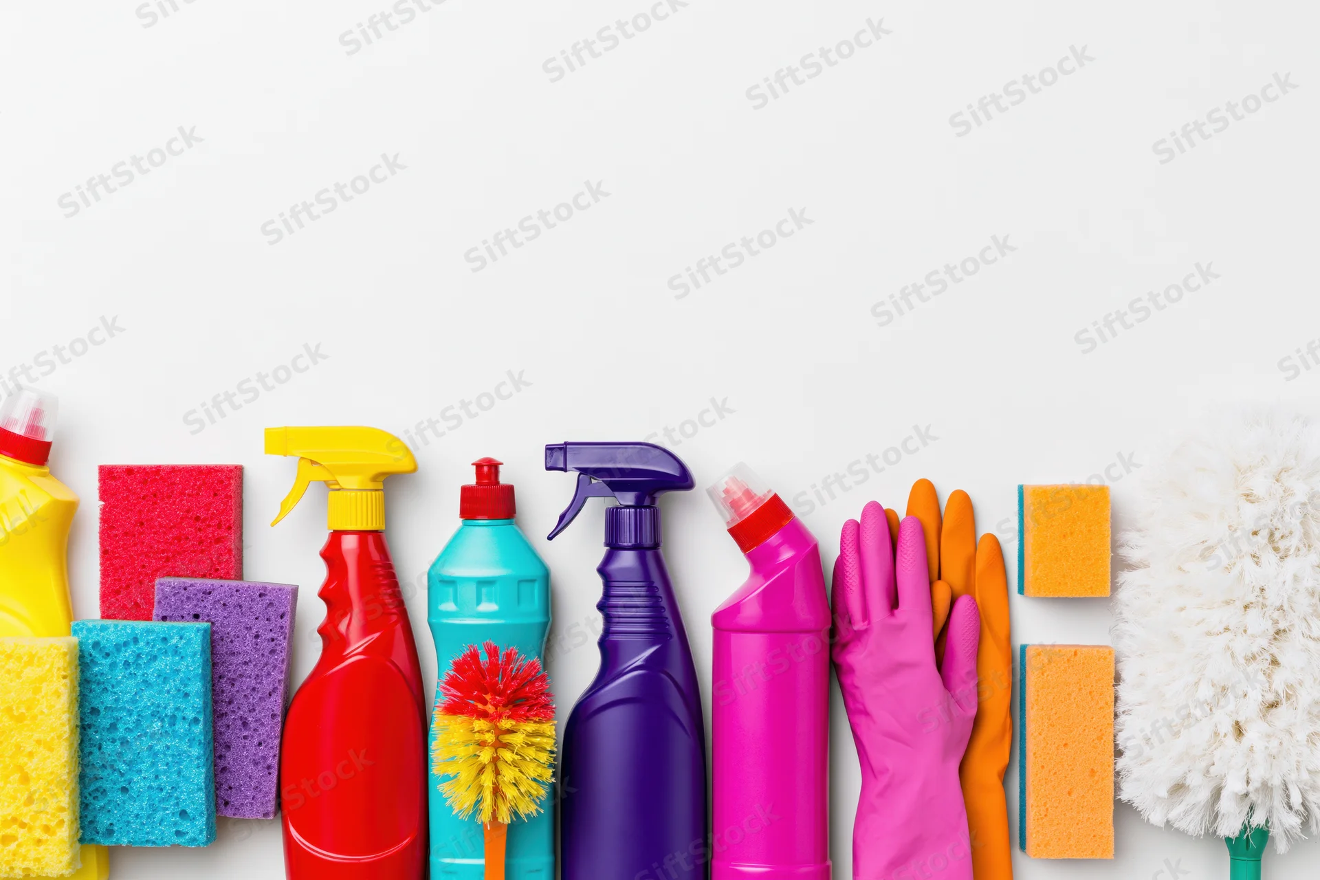 Colorful household cleaning supplies arranged in a flat row on a white background