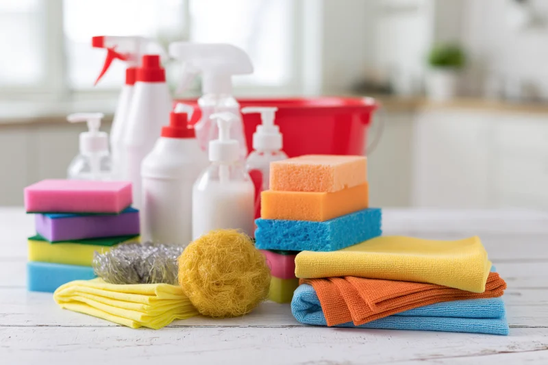 Assorted household cleaning supplies arranged on a white wooden surface