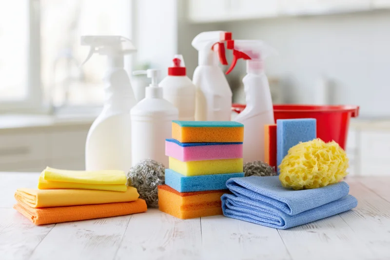 Assorted household cleaning supplies arranged on a white wooden surface