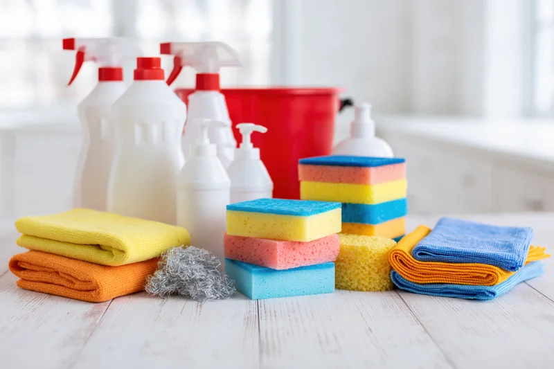 Assorted household cleaning supplies arranged on a white wooden tabletop