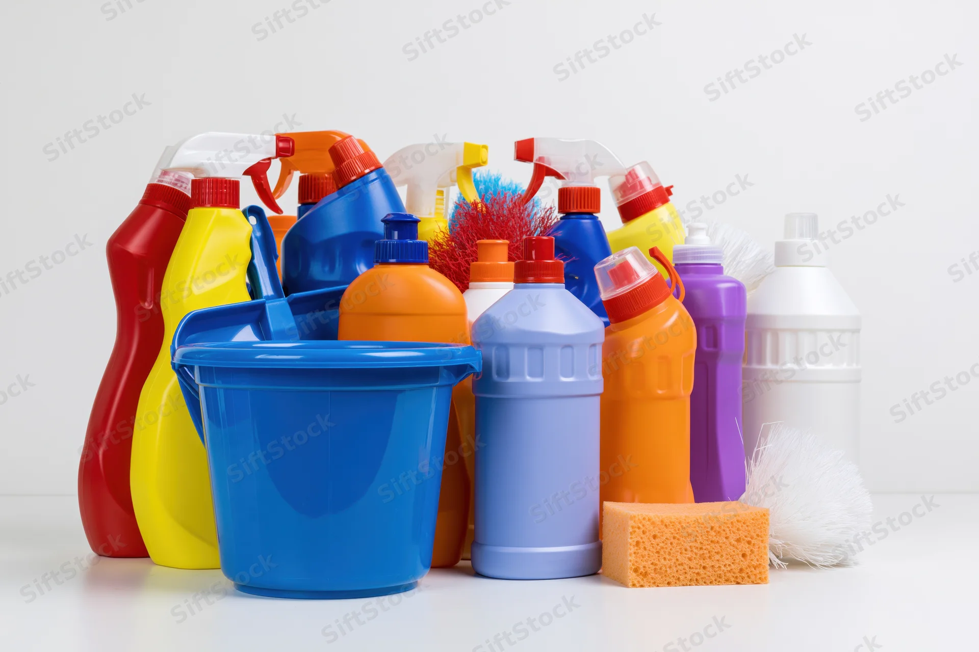 Assorted household cleaning supplies grouped together on a white surface
