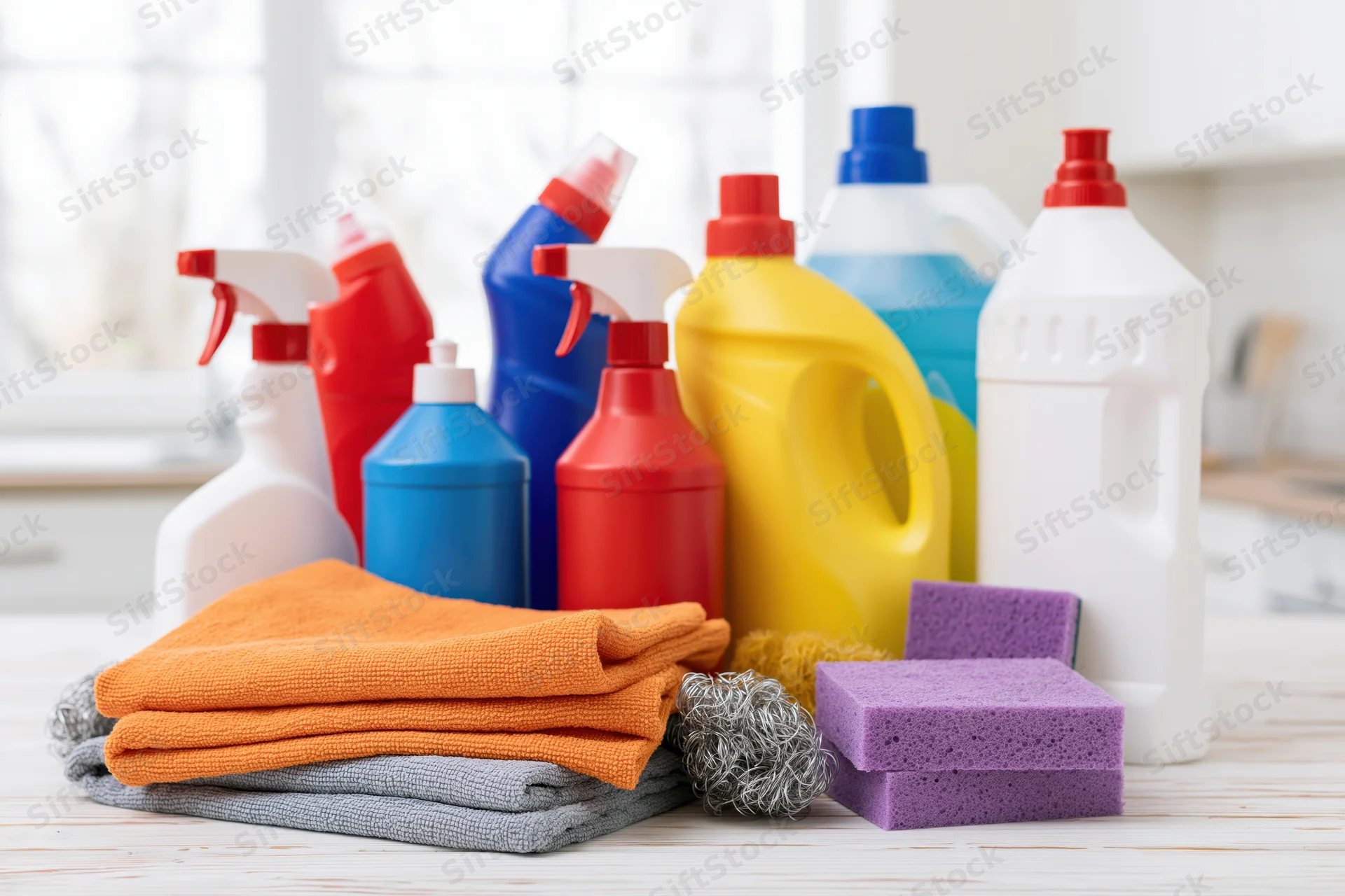 Assorted cleaning supplies arranged on a kitchen countertop with cloths and sponges