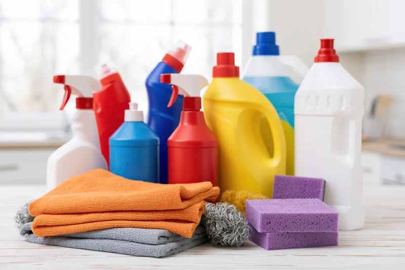 Assorted cleaning supplies arranged on a kitchen countertop with cloths and sponges