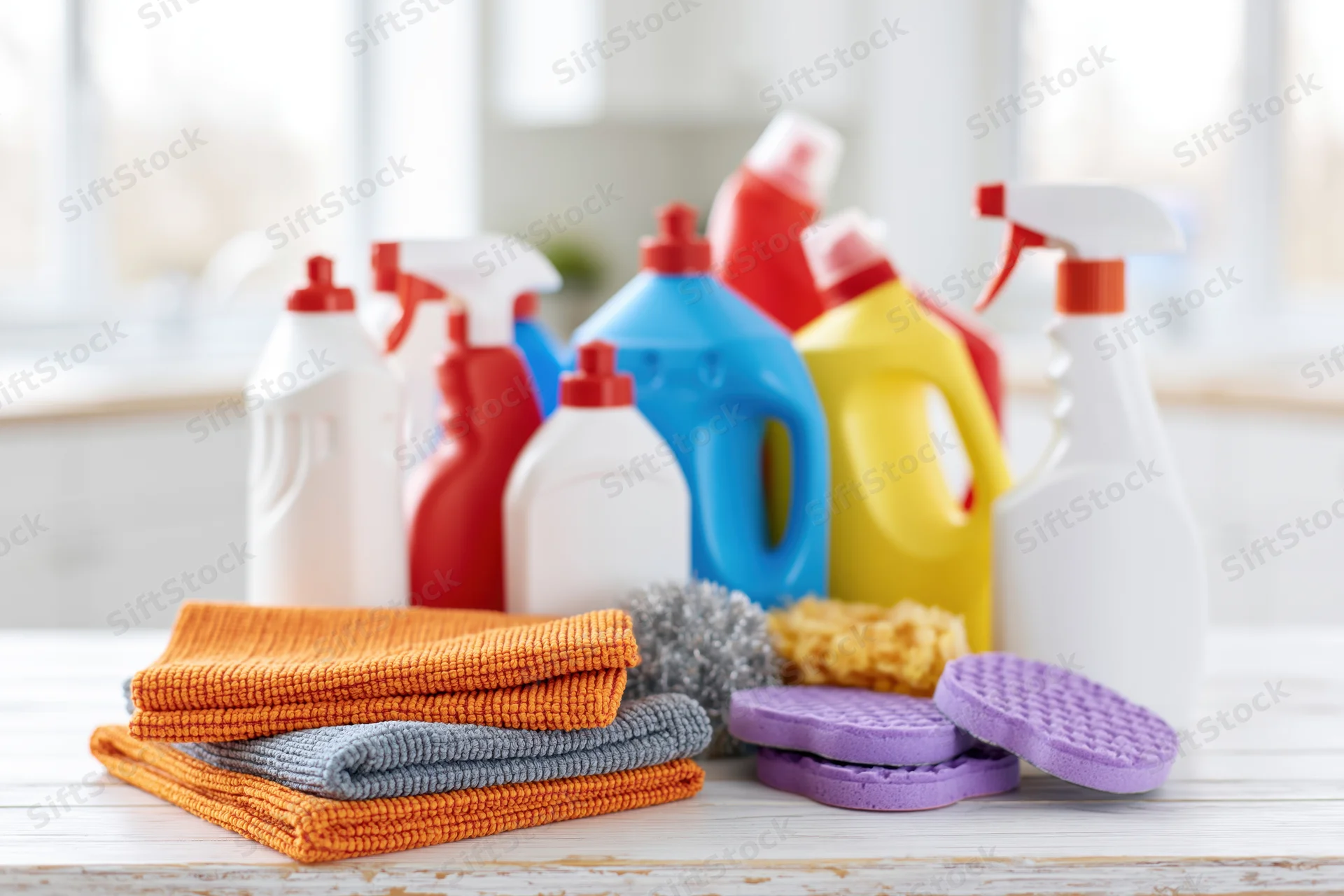 Assorted cleaning supplies and cloths arranged on a kitchen countertop near a window