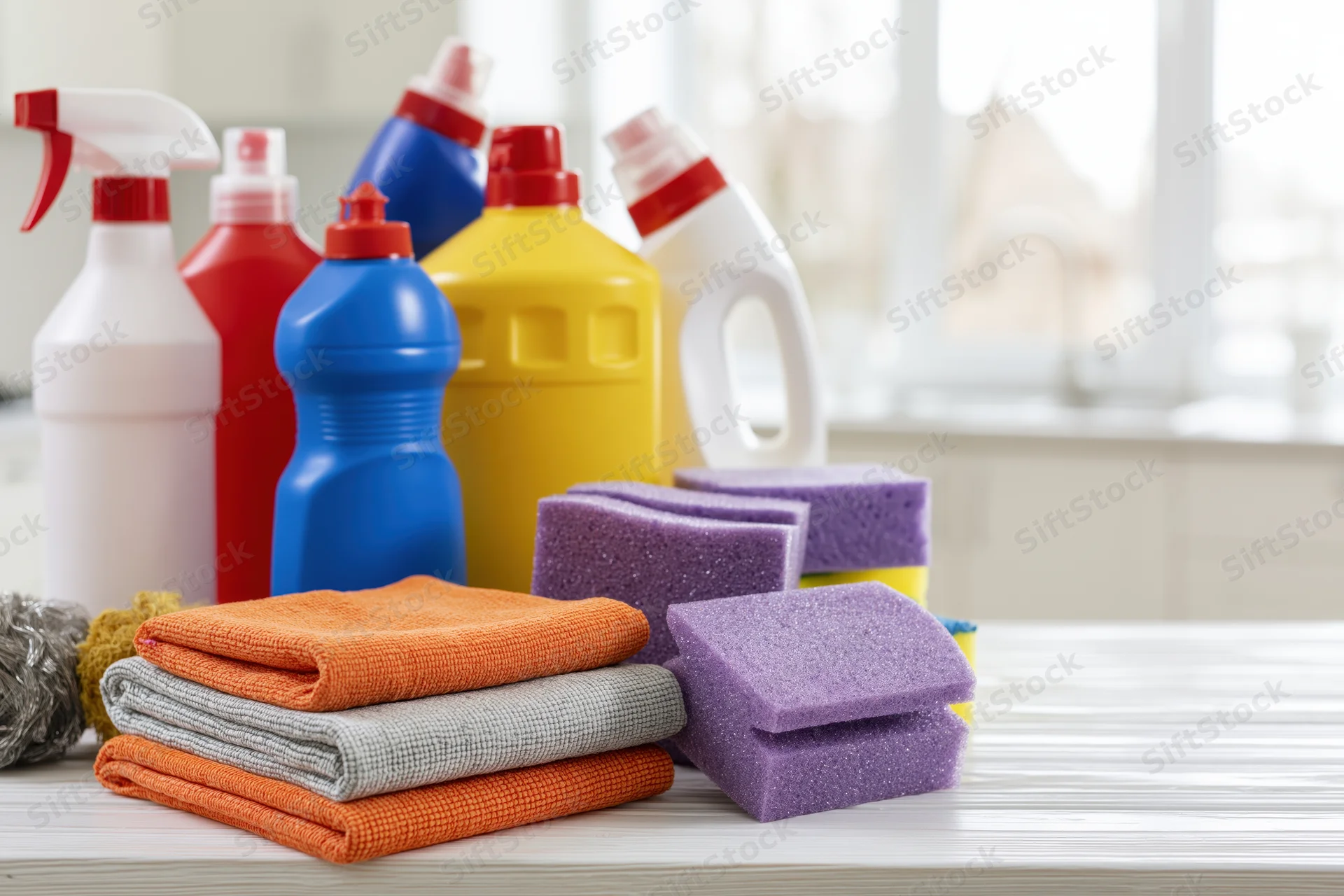 Assorted cleaning supplies arranged on a white countertop with copyspace on the right