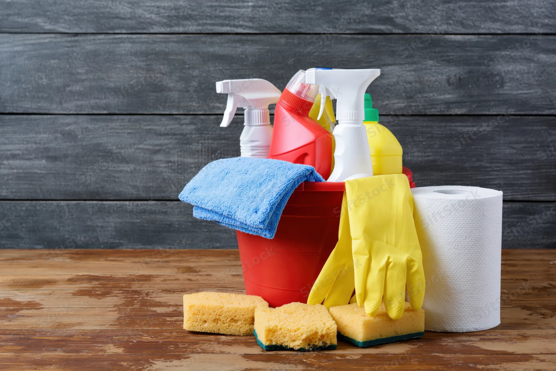 Assorted cleaning supplies in a red bucket on a wooden table