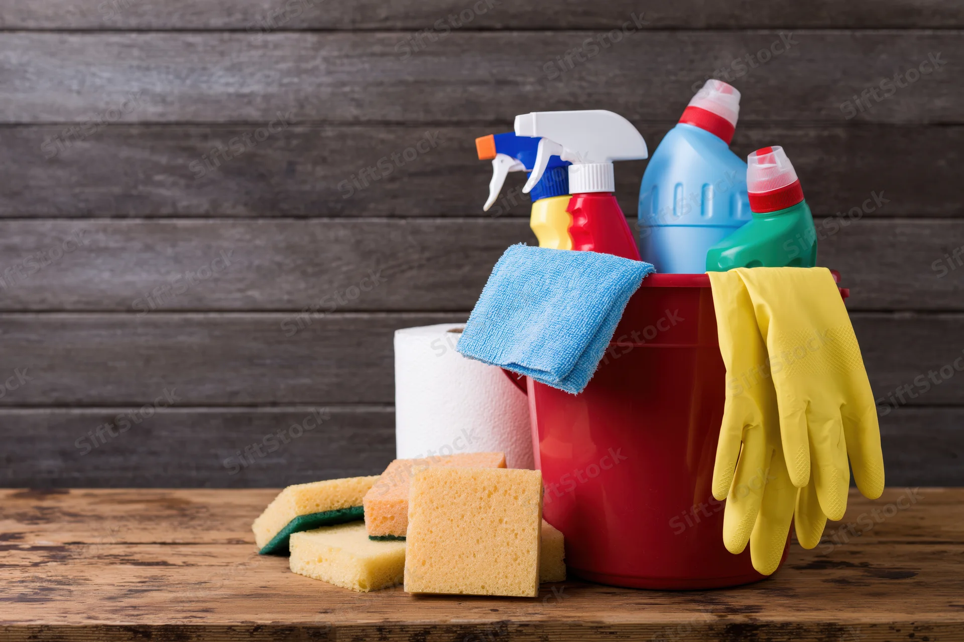 Cleaning supplies arranged in a red bucket on a wooden table with sponges and gloves nearby
