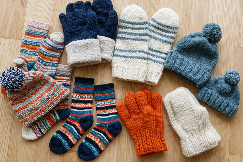 Assorted winter knitwear laid flat on light wood surface