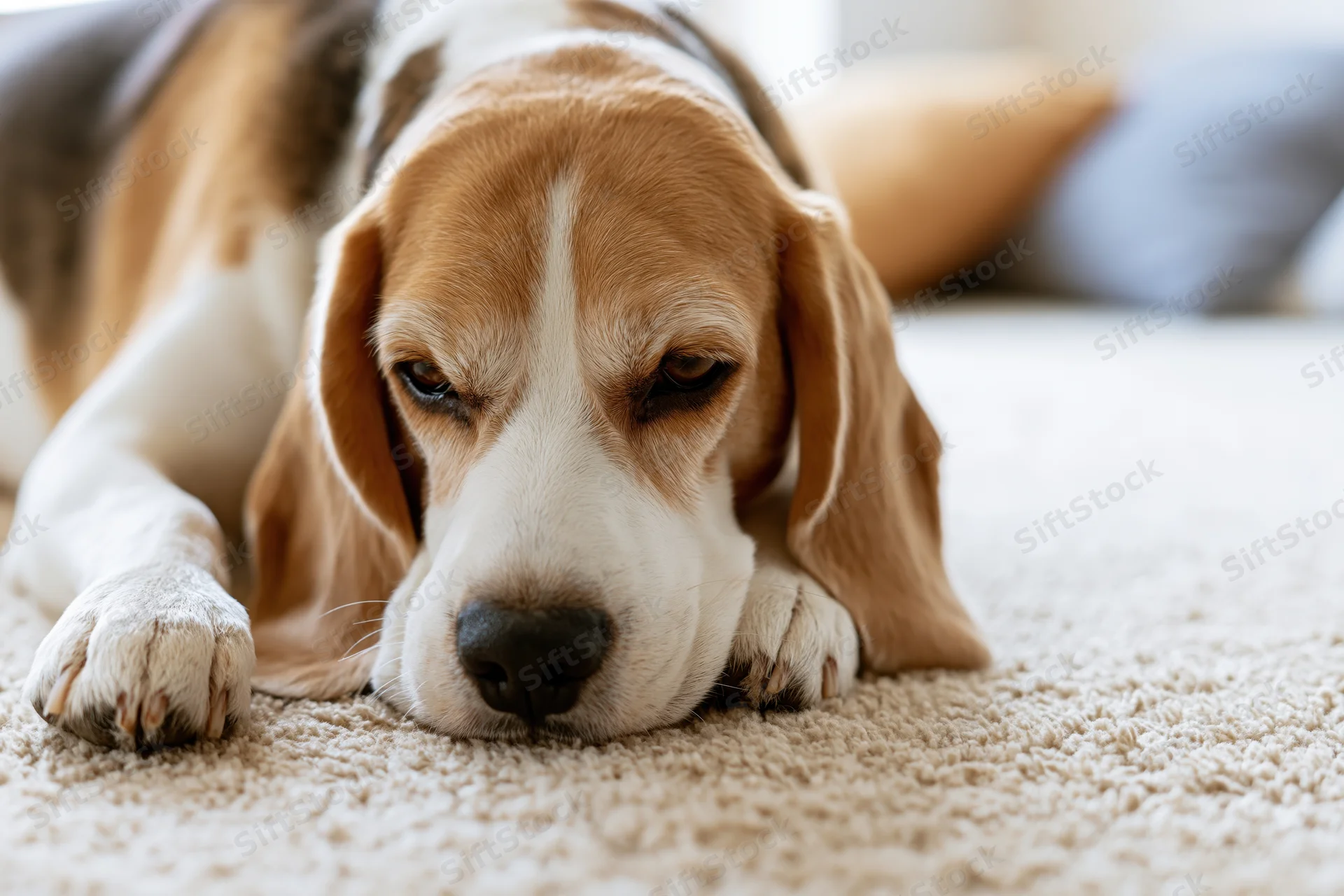 Beagle dog lying flat on cream carpet with chin resting