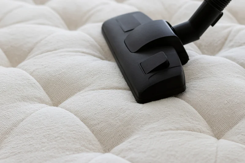 Black vacuum attachment on tufted white mattress surface
