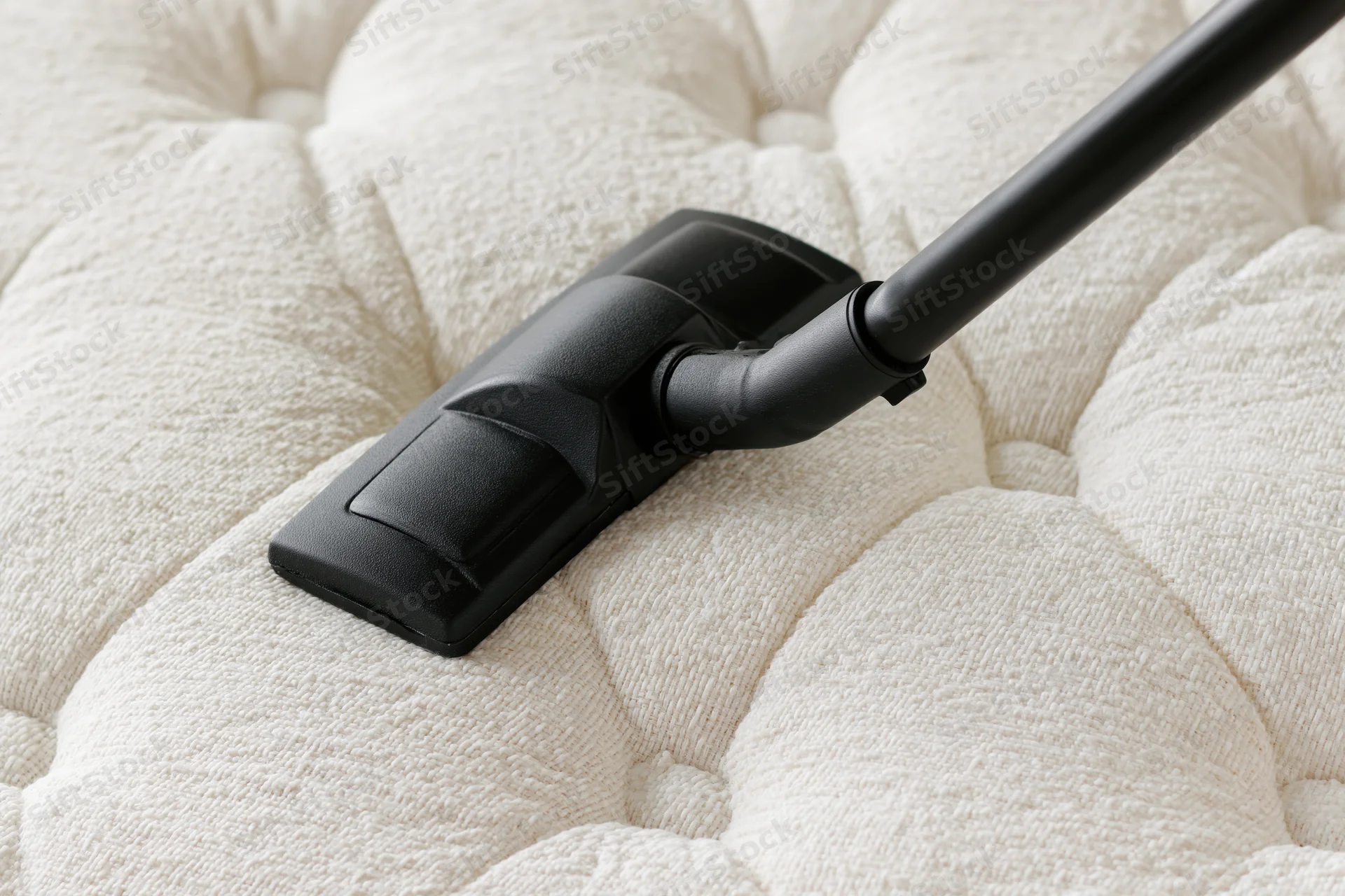 Black vacuum cleaner attachment on tufted white mattress surface