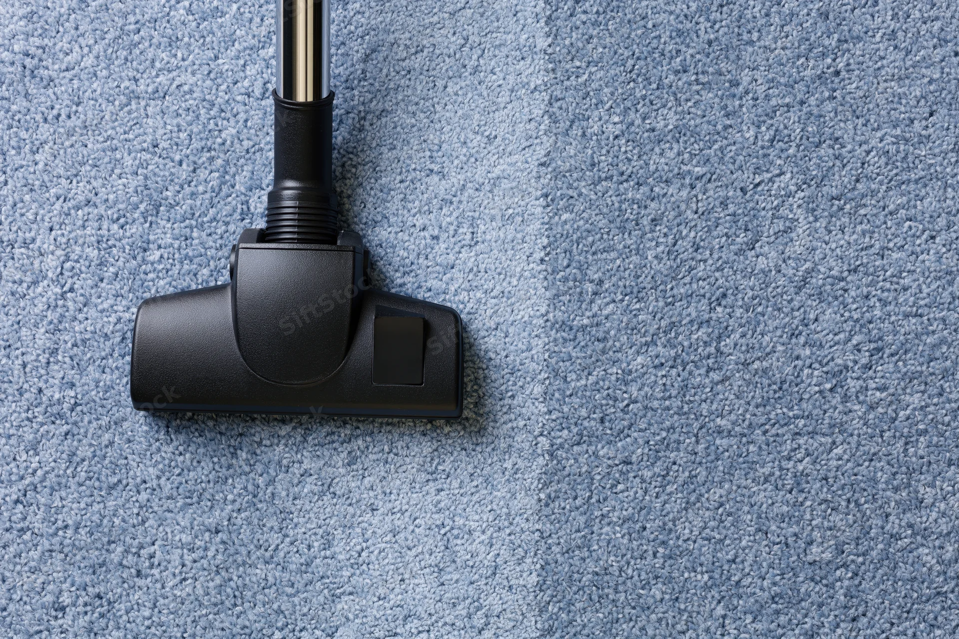 Vacuum cleaner head moving across blue carpet, leaving a clean path behind