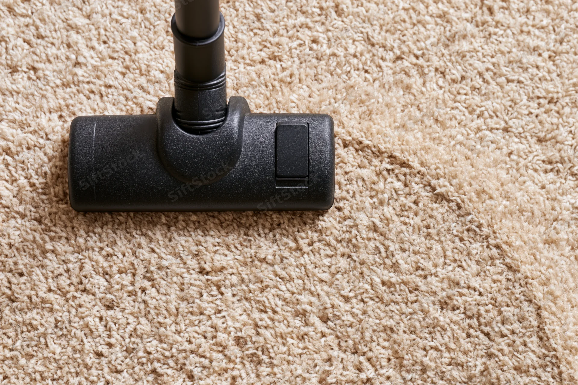 Black vacuum cleaner head moving across beige-brown carpet