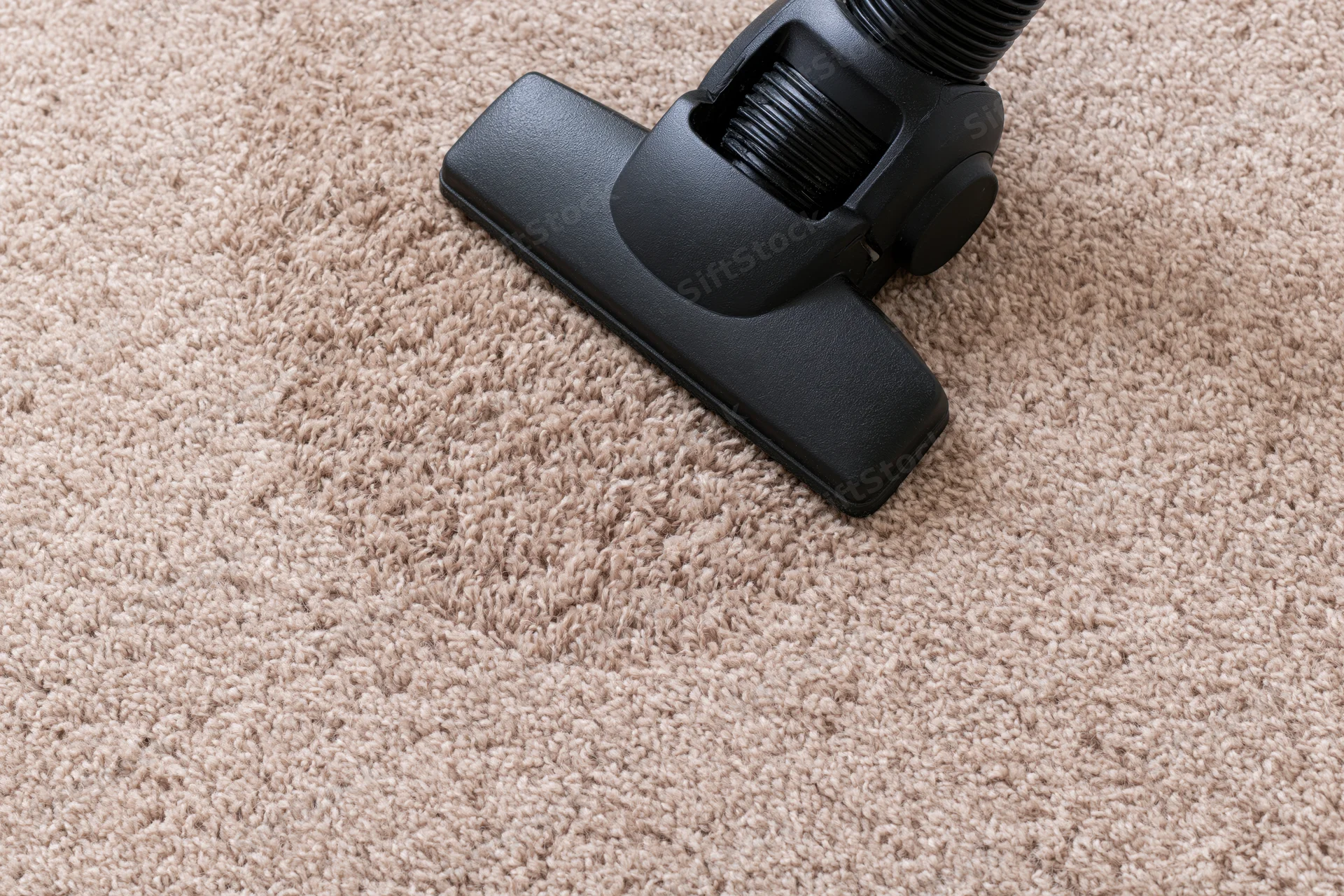 Black vacuum cleaner head moving across beige-brown carpet indoors
