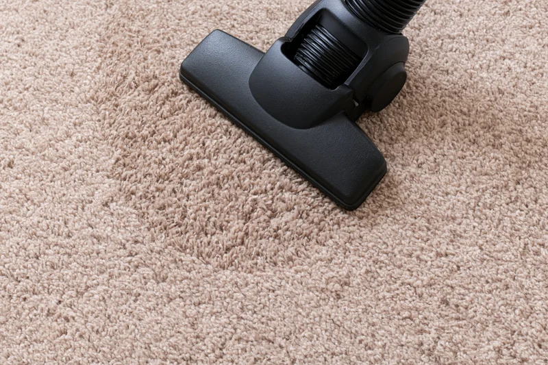 Black vacuum cleaner head moving across beige-brown carpet indoors