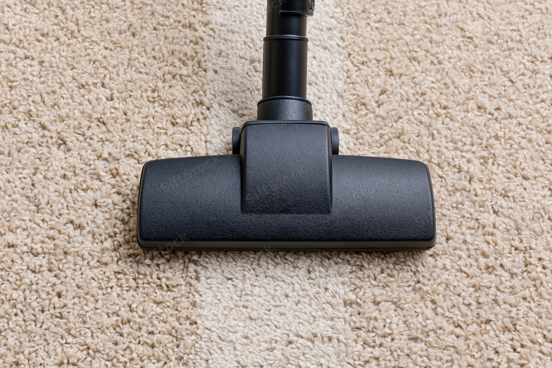 Vacuum cleaner head moving across beige carpet in home interior